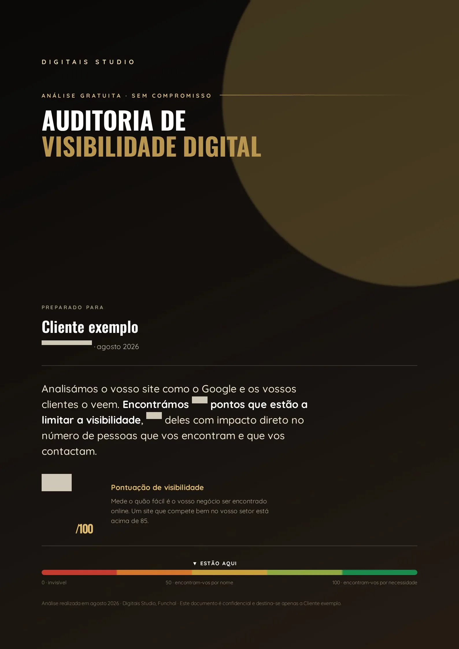 Capa do relatório de auditoria de visibilidade digital da Digitais Studio, com pontuação ocultada