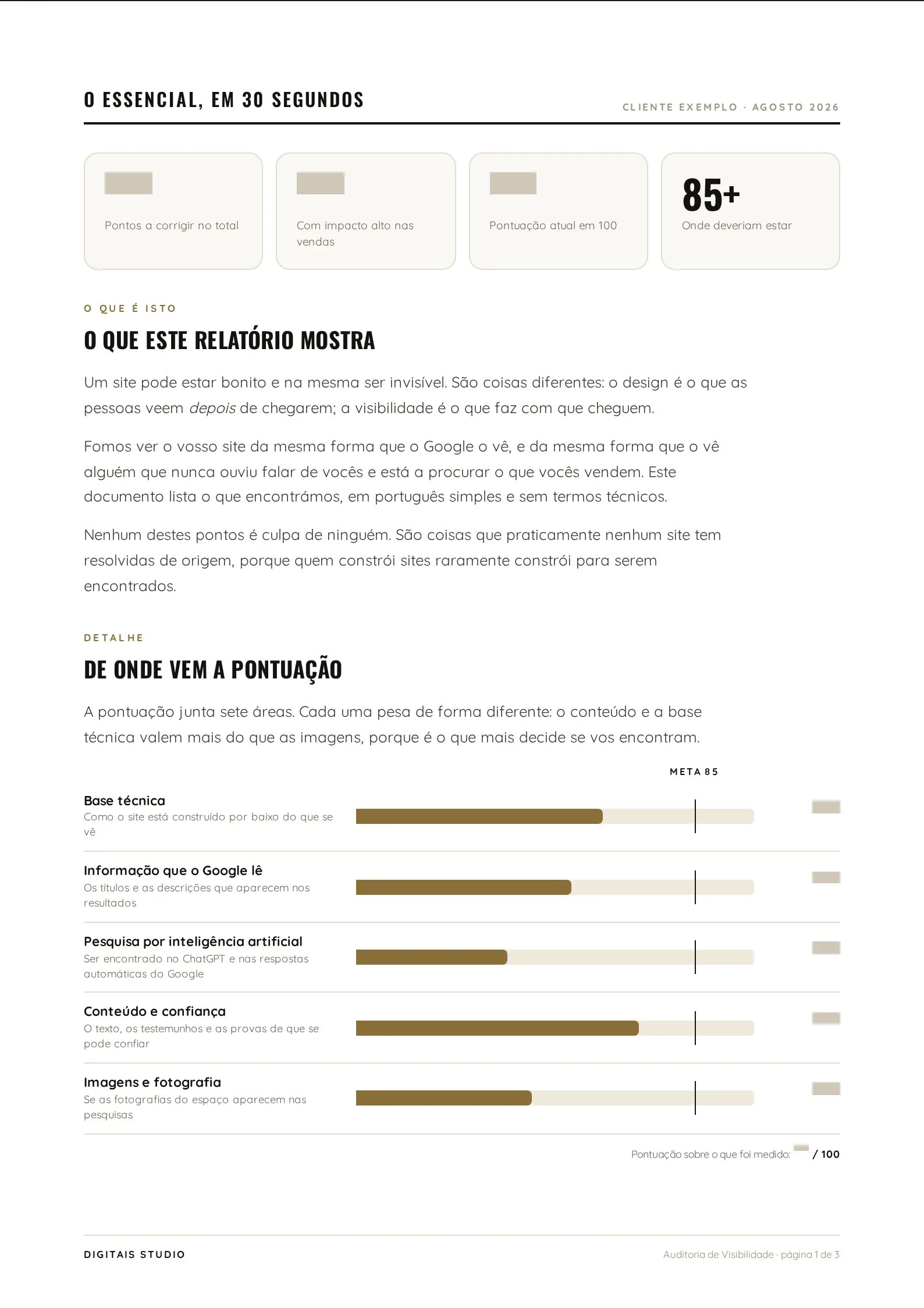 Página de resumo do relatório, com métricas e áreas avaliadas