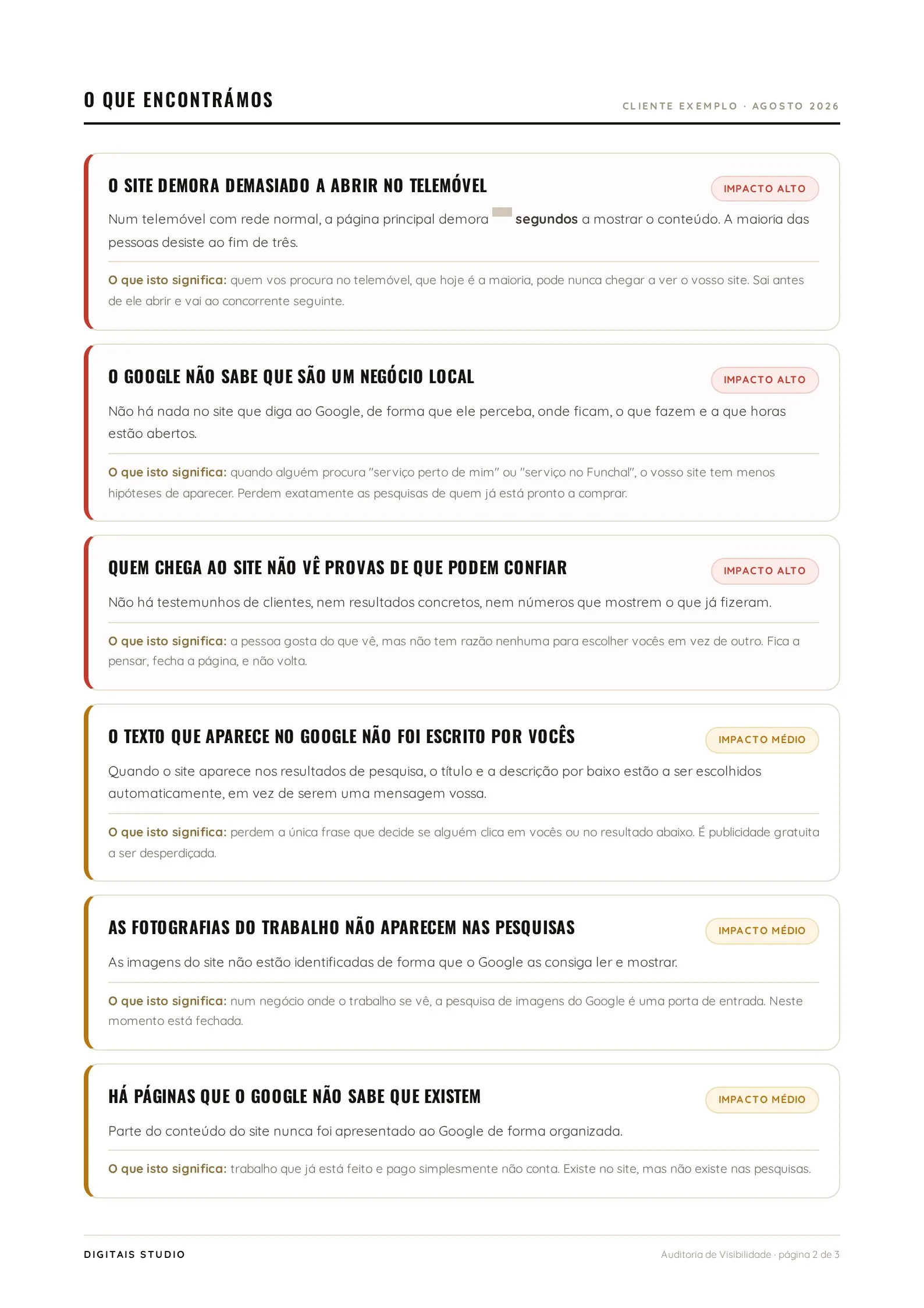 Página com a lista de problemas encontrados e o respetivo impacto