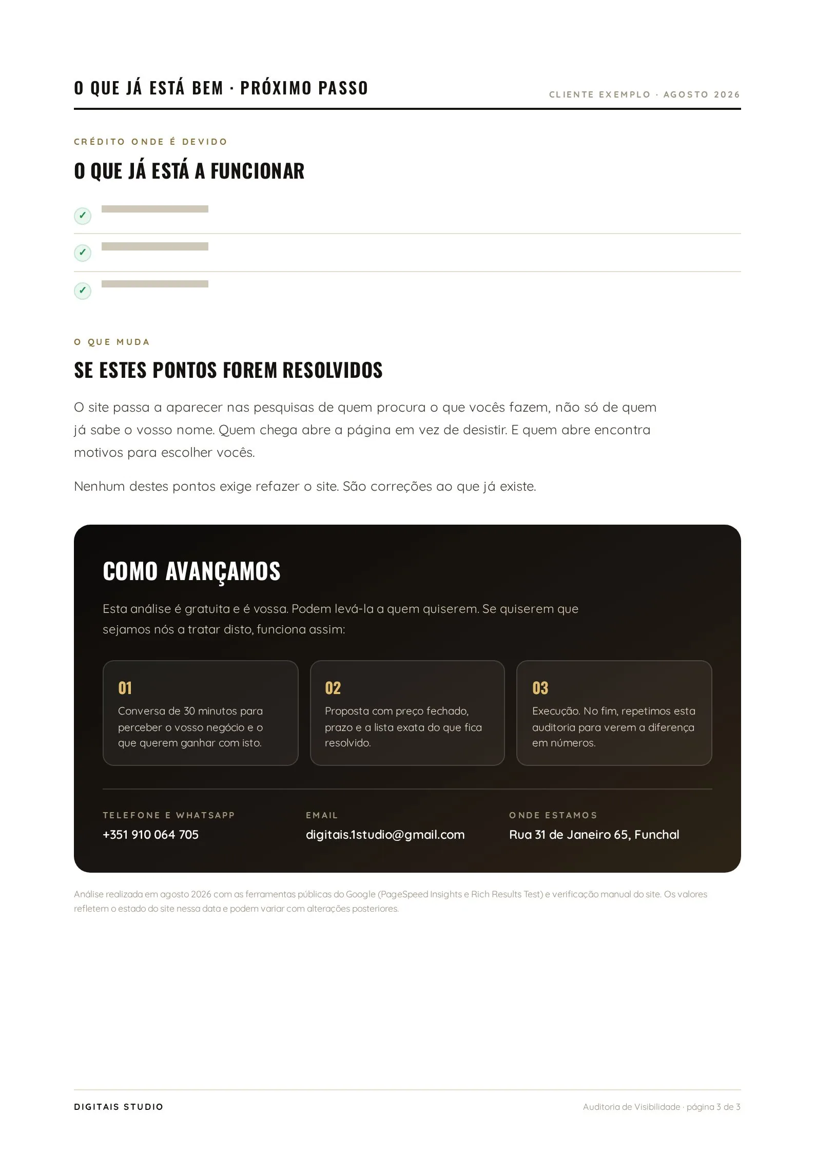 Página final com pontos positivos, o que muda e como avançamos