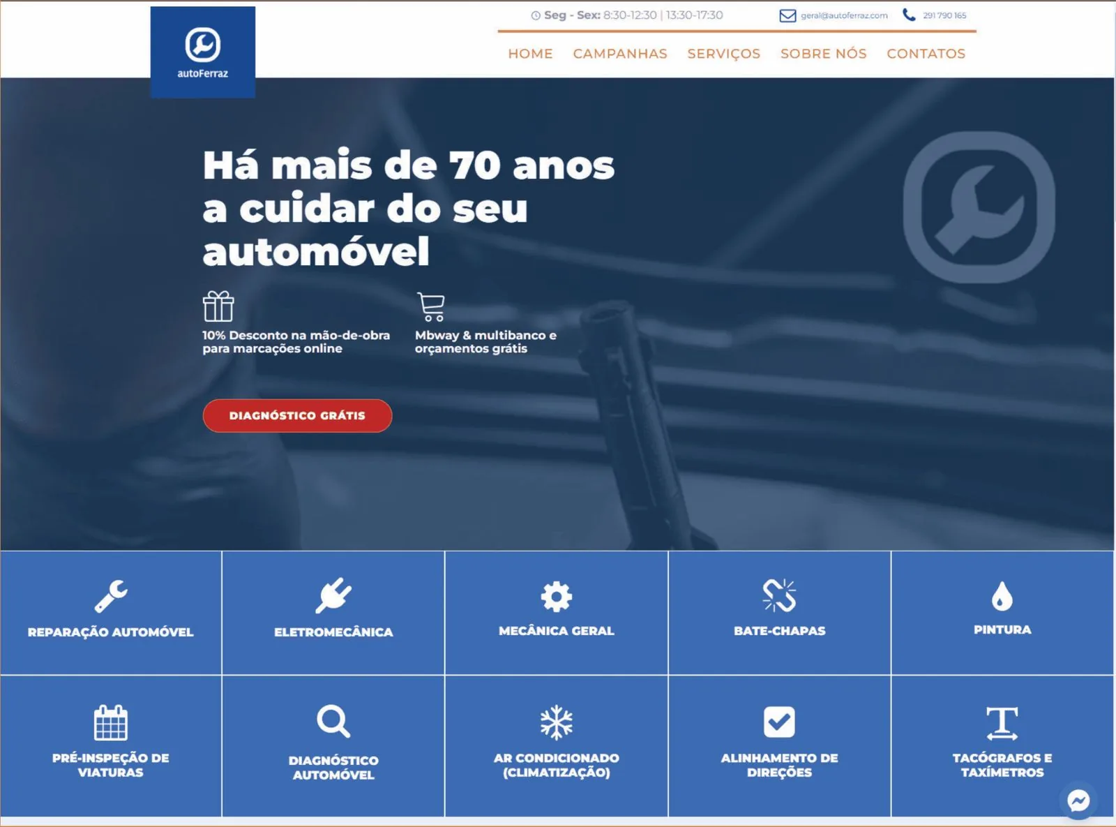 Site institucional e campanha para uma oficina, trabalho do Digitais Studio para AutoFerraz